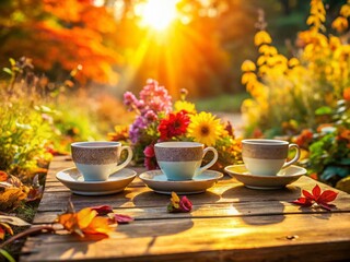 Fototapeta premium Serene Autumn Afternoon: Three Teacups Amidst Fallen Leaves and Blossoms