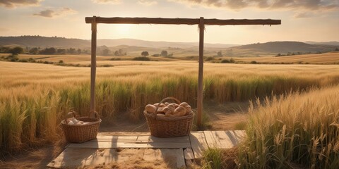 Naklejka premium Golden Hour Harvest Rustic Baskets of Bread in a Wheat Field at Sunset