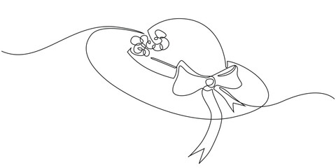 one continuous line of women's hat.one line drawing of hat with flowers and ribbon.single line vector illustration.isolated white background