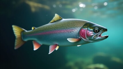 Naklejka premium A vibrant rainbow trout gracefully swims through crystal-clear aquatic depths, its scales shimmering with iridescent hues