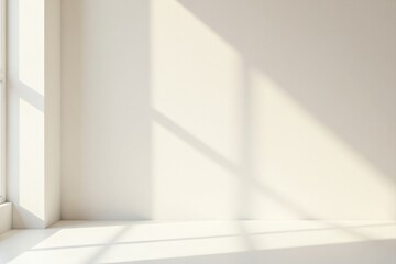 Fototapeta premium Serene Minimalist Room Interior Featuring Sunlight Casts Shadows on a Blank Wall and Floor, Perfect for Product Display or Design Inspiration
