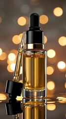 Naklejka premium Luxury skincare serum bottle with golden liquid and dropper against a glowing bokeh background, symbolizing beauty, skincare, and high-end cosmetic treatments