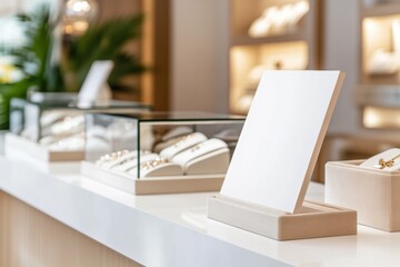 Elegant jewelry store interior with display cases and blank sign