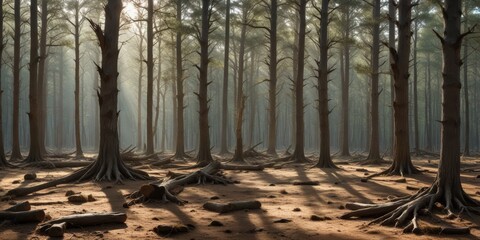 Mystical Dawn in a Sun-Dappled Forest with Exposed Roots and Fallen Logs