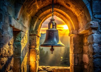 Obraz premium Serene Church Bell, Peaceful Sanctuary, Spiritual Symbol, Religious Architecture, Vintage Bell Tower Stock Photo
