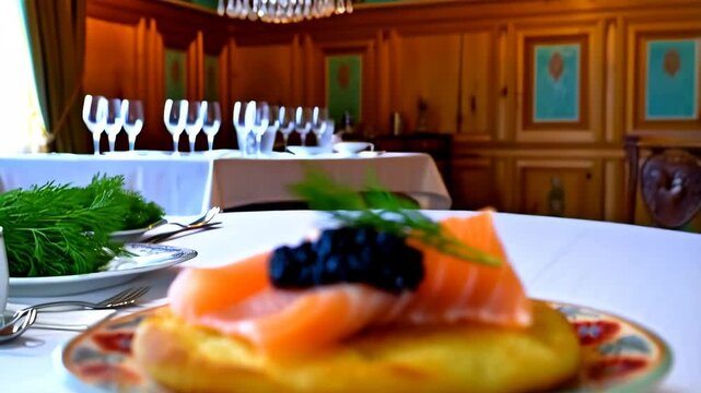 Small, round blinis topped with delicate smoked salmon, a dollop of luxurious black caviar, and a sprig of fresh dill, presented on decorative plates in a sophisticated dining room
