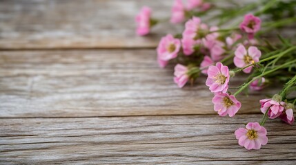 Delicate Pink Flowers on Weathered Wooden Surface Natural Background : Generative AI