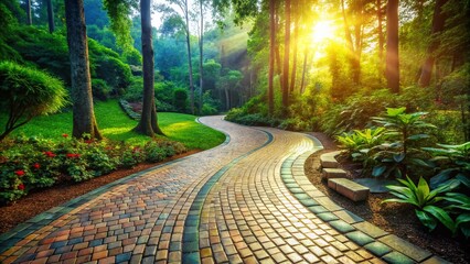 Serene Curved Walkway: Double Exposure of Paving Stones and Nature