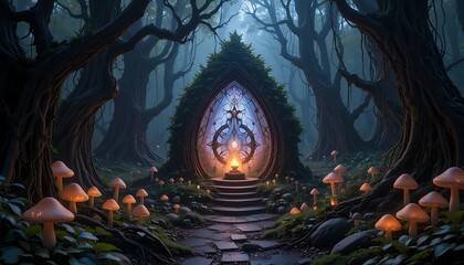 Magical Forest Portal with Glowing Mushrooms and Dark Enchanted Trees