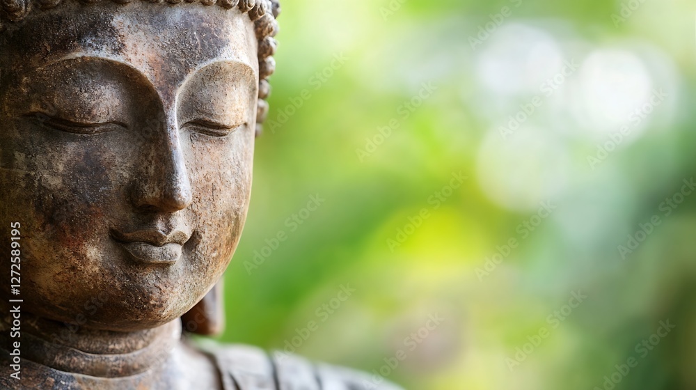 Poster close up of a serene buddha statue surrounded by nature in soft green background : generative ai