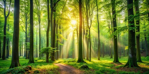 Serene Forest Panorama: Majestic Trees in Soft Light - Panoramic Nature Stock Photo