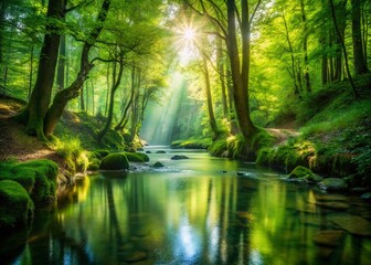 Obraz premium Serene Forest Stream: Sunny Hiking Trail Double Exposure Stock Photo