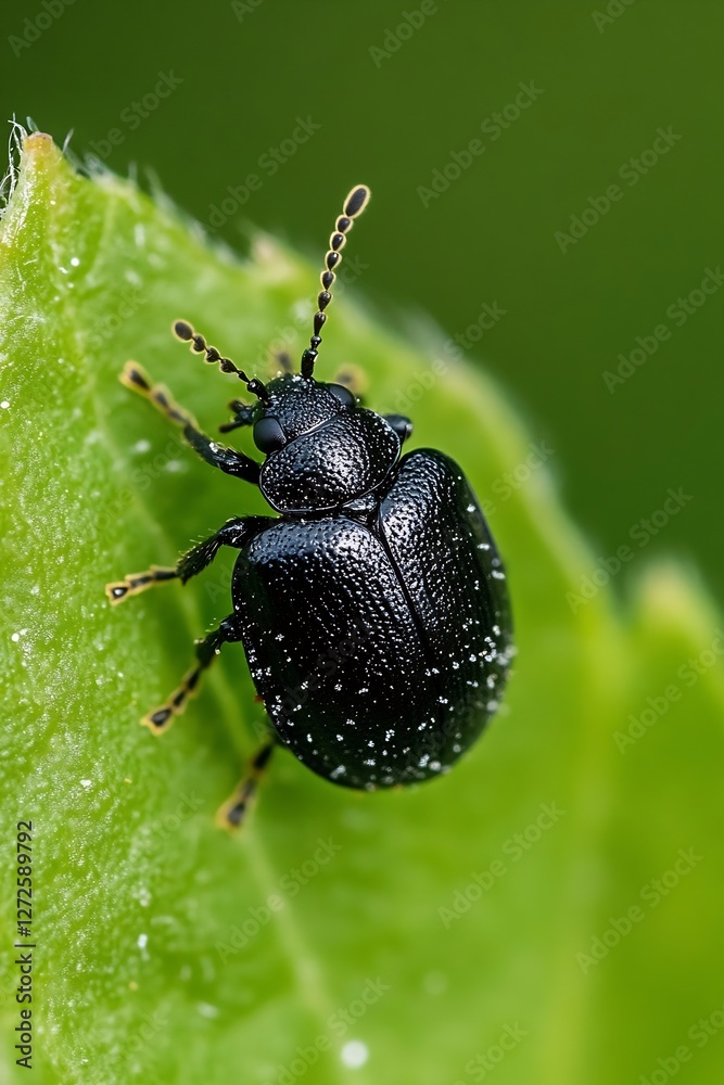 Aufkleber close-up view of a shiny black beetle resting on a green leaf highlighting intricate details : gener