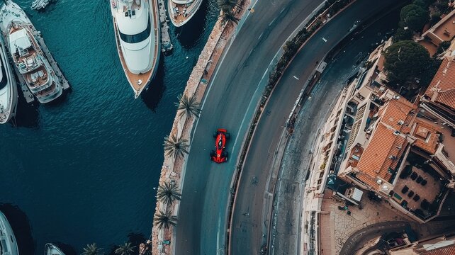 An aerial view captures a vibrant F1 car expertly navigating a tight curve amidst luxury yachts and a stunning coastline, showcasing the thrill of motorsport.
