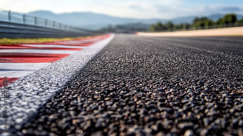Wall mural this image features a close-up view of an empty f1 track, highlighting the smooth asphalt and vibran
