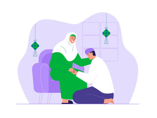 Muslims forgive each other in ramadan illustration. Eid illustration. Flat vector illustration concept.