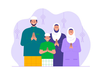 Muslim family wishing ramadan illustration. Eid illustration. Flat vector illustration concept.