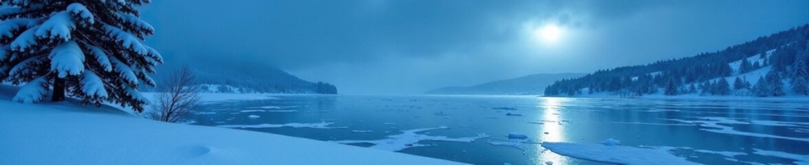 Fototapeta premium Icy waters glisten in the pale moonlight as a frozen lake stretches across the snow-covered landscape, cold weather, wintry scene, winter