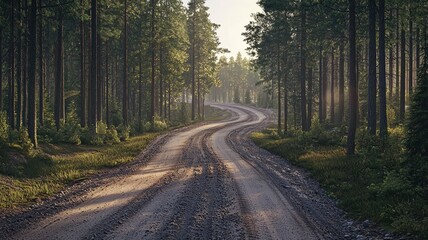 Obraz premium A tranquil gravel road winds through a lush forest, surrounded by vibrant greenery and dappled sunlight. This serene landscape offers a peaceful escape into nature.