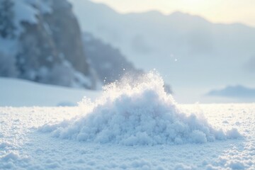 Soft dust settles on white snow-covered table, forming a serene landscape, quiet, silence, calm