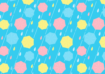 カラフルな傘と雨粒のポップなシームレス背景_雨降り