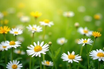 Fototapeta premium A field carpeted in white and yellow daisies, vibrant spring bloom , sunshine, spring, nature