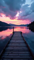 Fototapeta premium Wooden dock extends into calm lake surface at dusk, lakeside, water