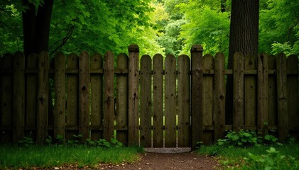 Naklejka premium Wooden fence made of large tree trunks and branches, rustic, forest