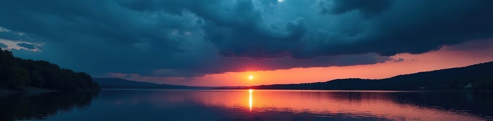 Obraz premium Dark ominous clouds gather over a lake at dusk, storm, water, weather