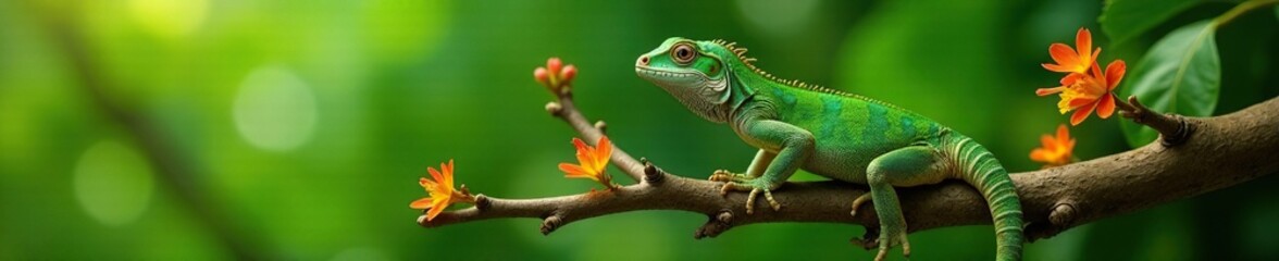 Fototapeta premium Iguane sur un branchage de cocotier avec laves fleuries, flowers, green