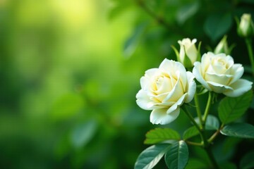 Soft focus white roses nestled among lush greenery with subtle hints of rose, nature, flowerpower