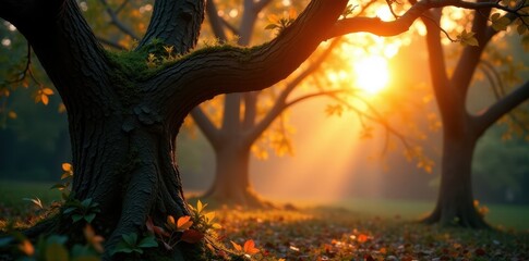 Fototapeta premium Bright orb casts long shadows on gnarled boughs , enchanted, gothic, pathway