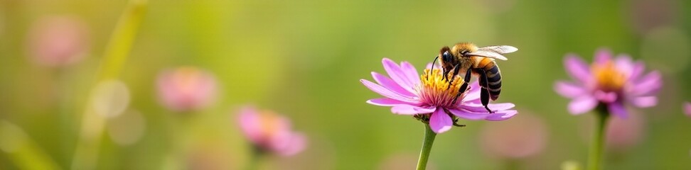 Bee collecting nectar from Scabious Succisa pratensis flowers, bee in field, flowers, bees