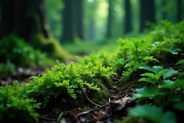 Fototapeta premium Dark forest floor covered with a small wet fern, fern, growth, foliage