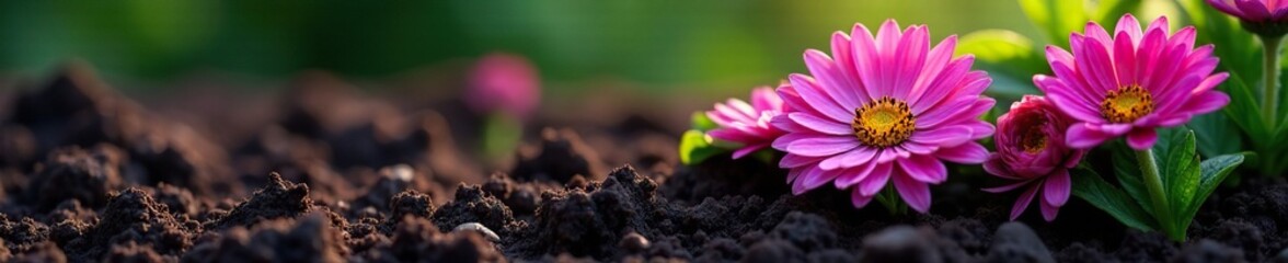 Obraz premium Dark garden soil surrounds newly planted aster flowers, dark, growth, aster