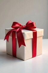 Obraz premium Big gift box with shiny red ribbon tied around it, box, decorative