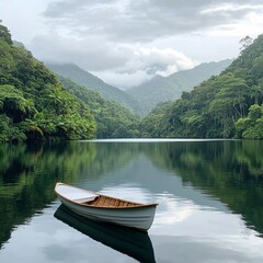 Obraz premium Serene boat floating on a calm lake surrounded by lush green mountains