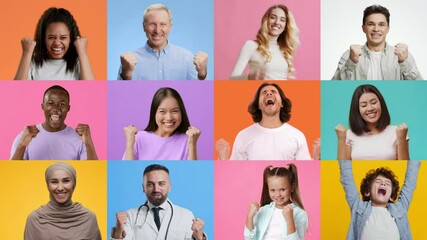 A vibrant collage features diverse adults and kids expressing happiness and triumph. Their gestures and facial expressions showcase the excitement of winning and feeling lucky together.