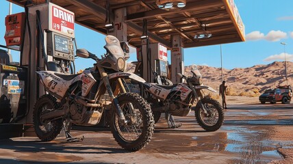 Motorcycles refuel at a desert fueling station during a thrilling rally event, showcasing the excitement and preparation involved in competitive racing.