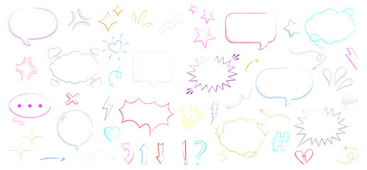 Colorful Hand Drawn Speech Bubbles and Icons on White Background Variety