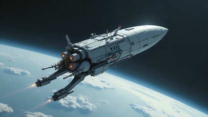 A futuristic aerospace worker in a spacesuit performs ballet moves while assembling spacecraft components in orbit.