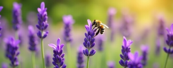 Bee collecting nectar from a fragrant lavender field, floral, nature, wildlife
