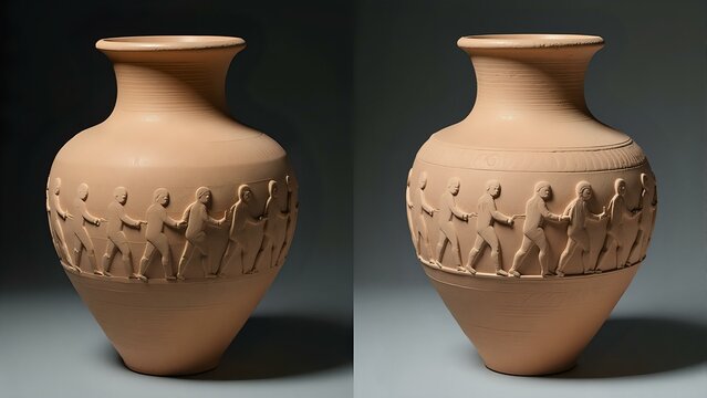 Ancient Mesopotamian vase with intricate carvings and inlays, showcasing Sumerian craftsmanship and cultural heritage.