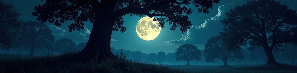 Fototapeta premium Dark forest under a big tree with glowing full moon above, shadows, mysterious