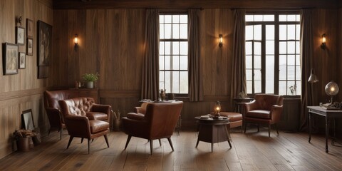 Rustic Interior Design Featuring Brown Leather Armchairs and Wooden Walls in a Room with Large Windows and Antique Decor