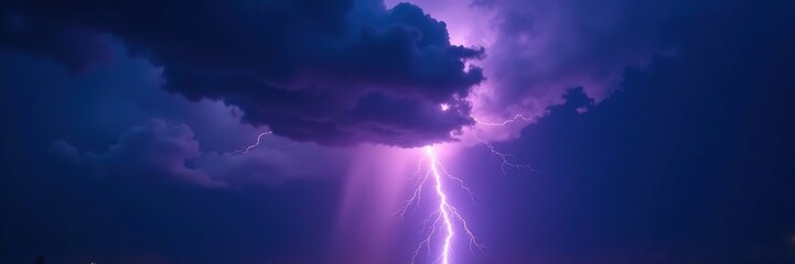 Incredible thunderstorm with dark clouds and lightning bolts illuminating sky, powerful, darkness