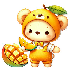 Cute bear character wearing fruit costume with mango slice. Animal cartoo0 character