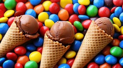 Delicious Chocolate Ice Cream Cones Surrounded by Colorful Candy Pieces on a Vibrant Background