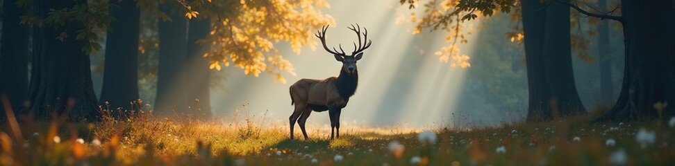 Fototapeta premium Stag in forest with smoke rising from its back, serenity, stag