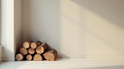 Stack of Firewood Logs Against a Light Beige Wall in a Minimalist Room Setting